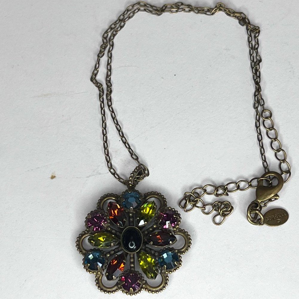 Sorrelli Antique Gold Tone Colored Rhinestones Cabochon Floral Pendant Necklace